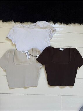 Aritzia Ribbed Square-Neck Crop Top - White, Cream, Brown